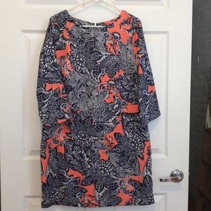 Orange and blue shift dress